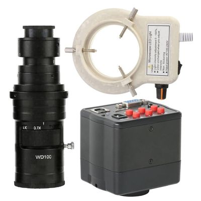1080P 60FPS Camera VGA USB TF Video Microscope Camera 200X C-Mount Lens Whit 56-LED Adjustable Ring Light