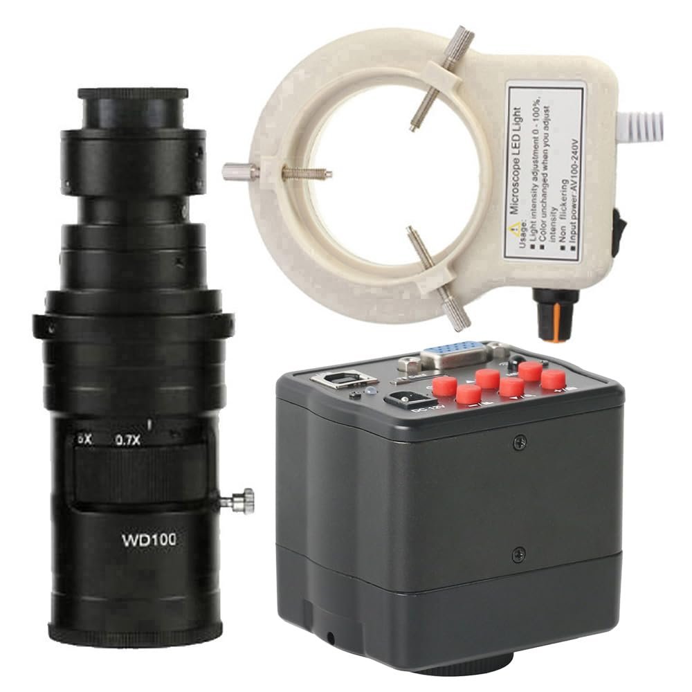 1080P 60FPS Camera VGA USB TF Video Microscope Camera 200X C-Mount Lens Whit 56-LED Adjustable Ring Light