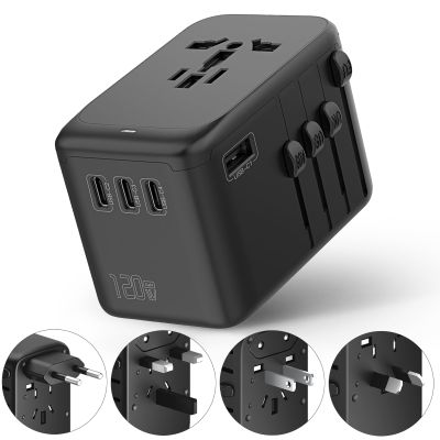 120W International Travel Adapter, 4USB-C & 1USB-A Worldwide Power Adapter, GaN Fast Charger with UK EU AU US Plugs, All-in-One International Converter for Tablets Phones