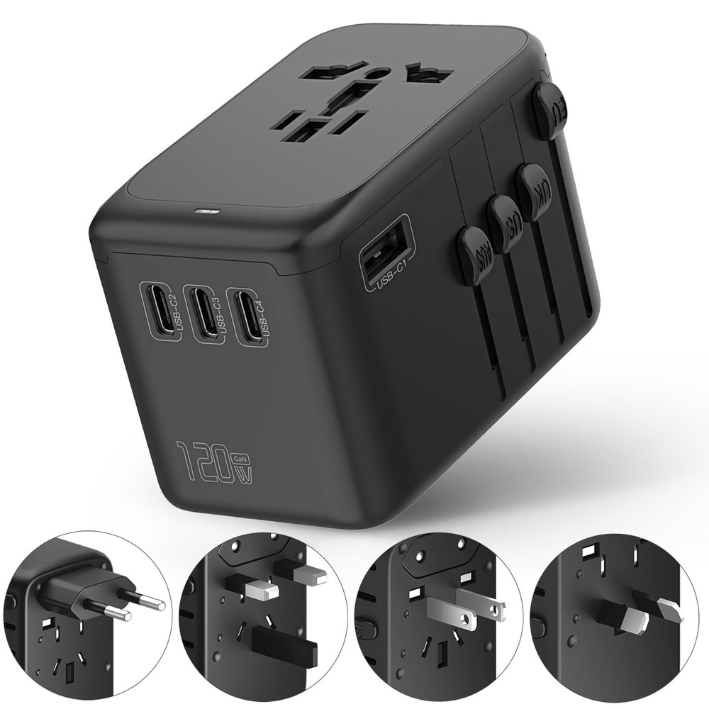 120W International Travel Adapter, 4USB-C & 1USB-A Worldwide Power Adapter, GaN Fast Charger with UK EU AU US Plugs, All-in-One International Converter for Tablets Phones