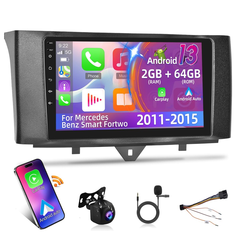 [2+64G] NHOPEEW for Mercedes Benz Smart Fortwo Car Radio 2011-2015 with Wireless Carplay and Android Auto - 9 Inch Touchscreen Android Car Stereo - GPS/WiFi/Multiple UI/SWC + AHD Backup Camera
