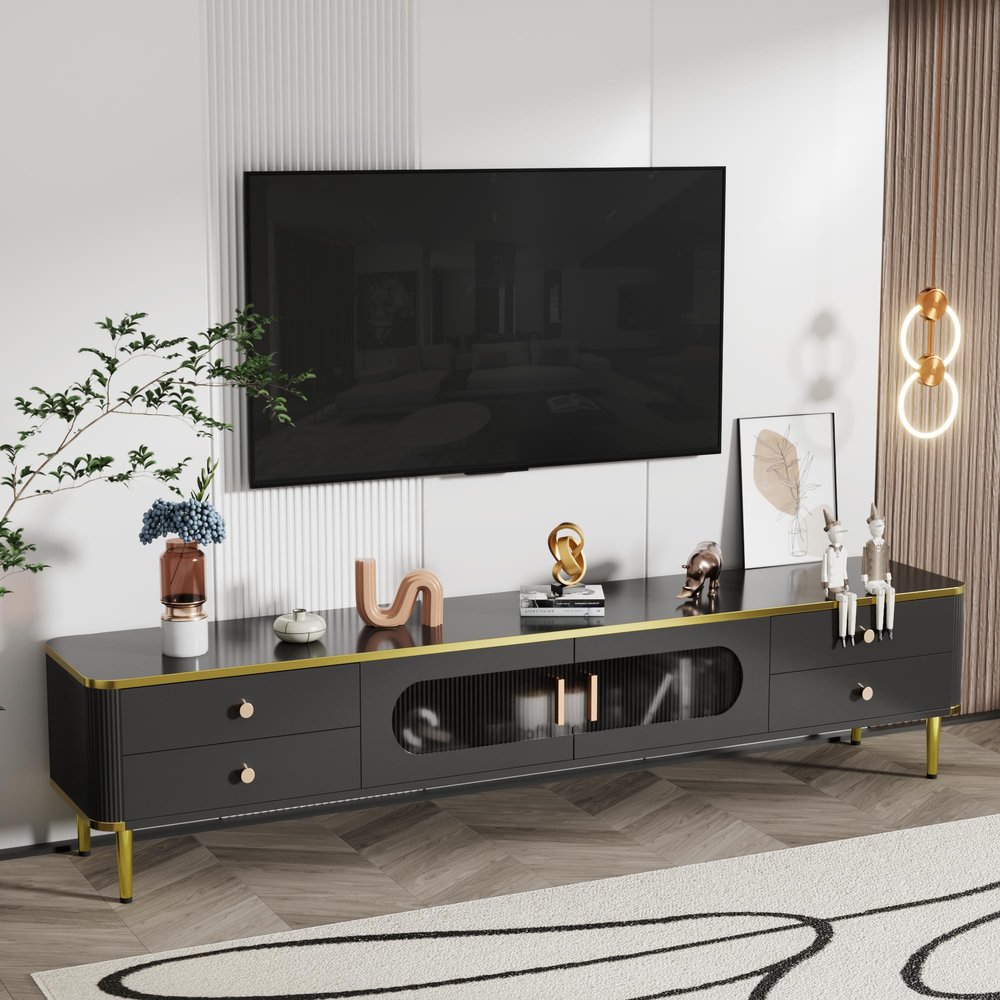 Aiuyesuo Glass Doors TV Stand for 65+ Inch TV, Modern Entertainment Center with Gold Leg,Television Console Table with Storage Cabinet and 4 Drawers,Wood Media Furniture for Living Room (Black-uu78)