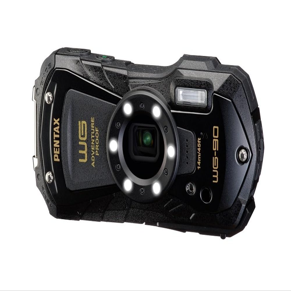 PENTAX WG-90 Black Waterproof Camera, Shockproof, Dustproof, Freezeproof, Built-in 6-LED Ring Light for Macro Photography, Underwater Shooting Mode