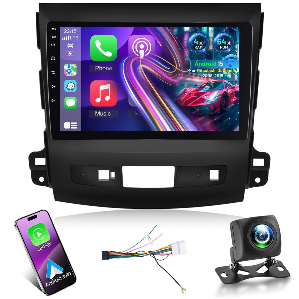 [5GHz WiFi]+64G Android Car Stereo for Mitsubishi Outlander 2008-2015 - 9 Inch IPS Touchscreen Radio with Wireless Carplay & Android Auto/EQ/GPS + AHD Rear View Camera