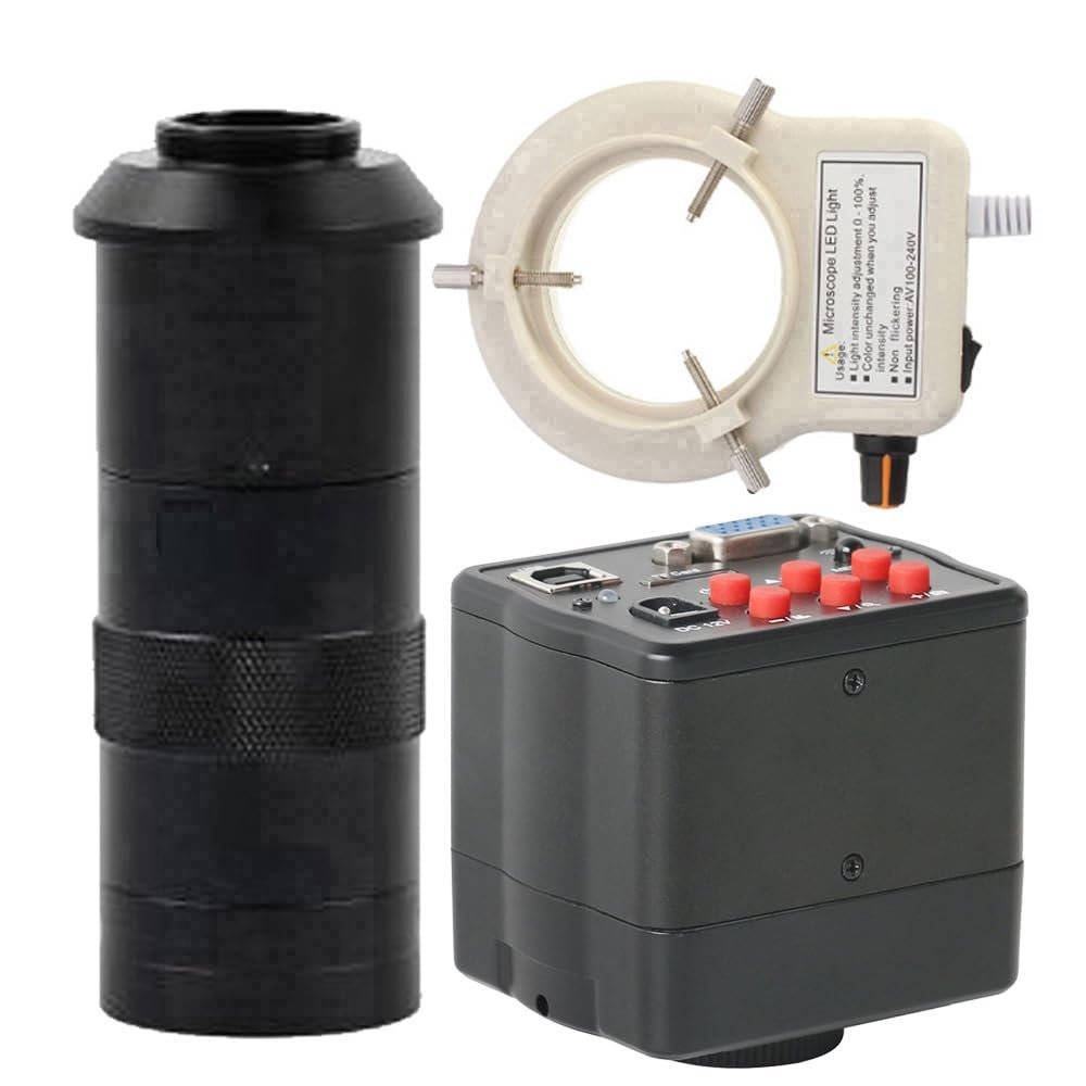 1080P 60FPS Camera VGA USB TF Video Microscope Camera 100X C-Mount Lens Whit 56-LED Adjustable Ring Light