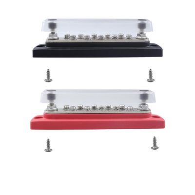 Frianchlly 10 Terminal Bus Bar Kit with Cover Ground Distribution for Automotive and Marine, Bus Bar 2 Studs 10 Screw Terminals, Max 48V 150A (Red & Black) 2PCS