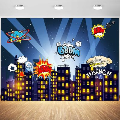 15x10ft City Backdrop Cartoon Night Cityscape Skyline Buildings Photography Background Kids Boys Birthday Party Event Banner Decorations Cake Table Supplies Photo Booth Props