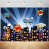15x10ft City Backdrop Cartoon Night Cityscape Skyline Buildings Photography Background Kids Boys Birthday Party Event Banner Decorations Cake Table Supplies Photo Booth Props view 1