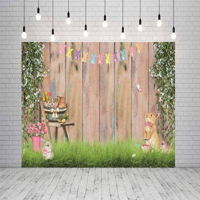 10x10ft Wooden Board Easter Photography Background Colorful Retro Wooden Board Rabbit Egg Green Plant Backdrop for Baby Kids Portrait Party Decor Banner Photo Booth Studio