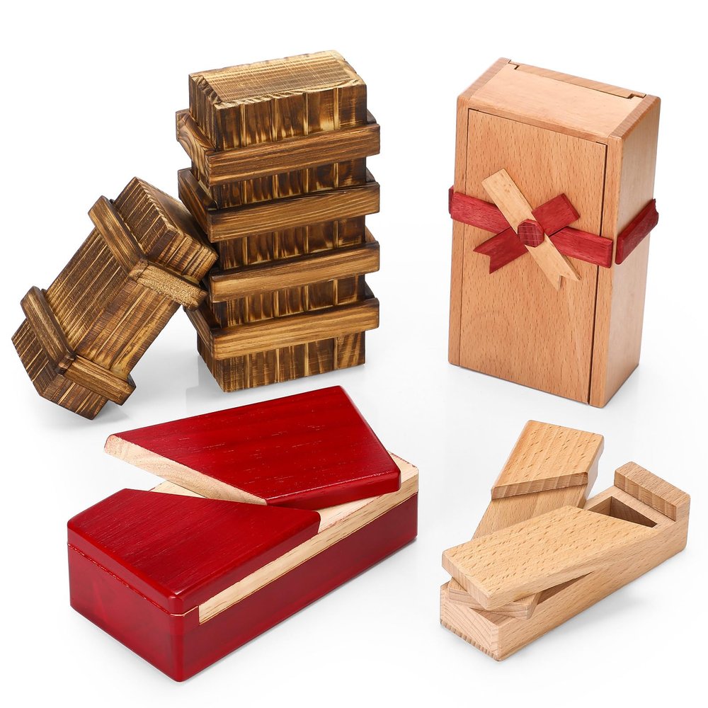 Hanaive 5 Pack Christmas Wooden Puzzle Box Brain Teaser Gift, Elegant Style