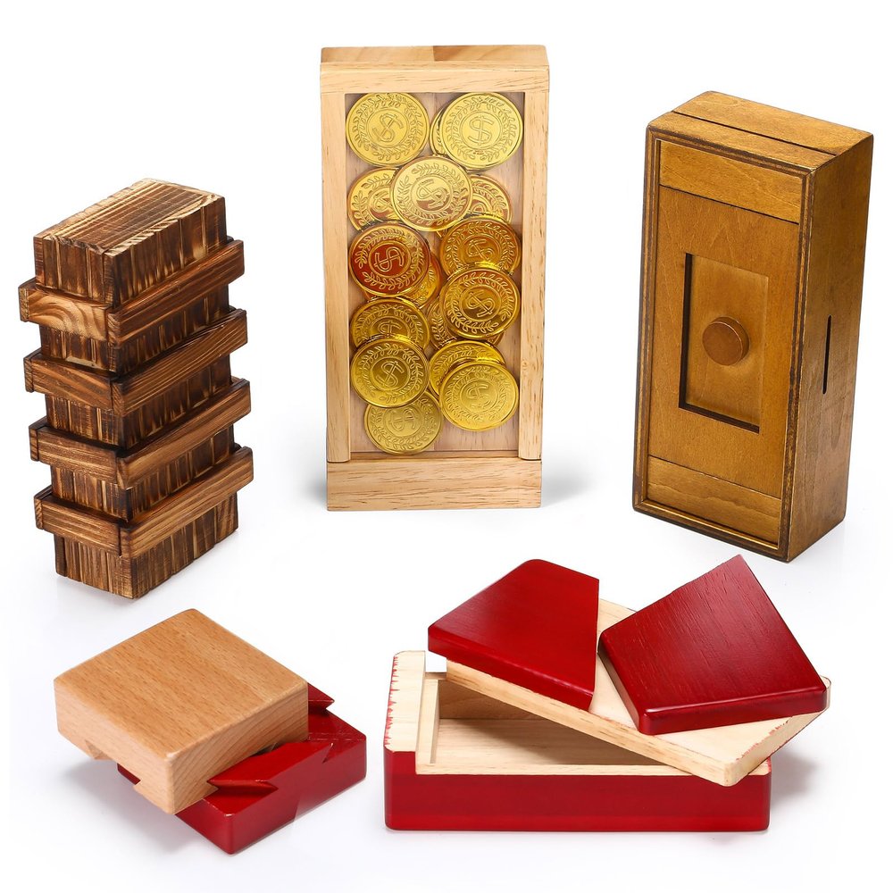Hanaive 5 Pack Christmas Wooden Puzzle Box Brain Teaser Gift, Retro Style