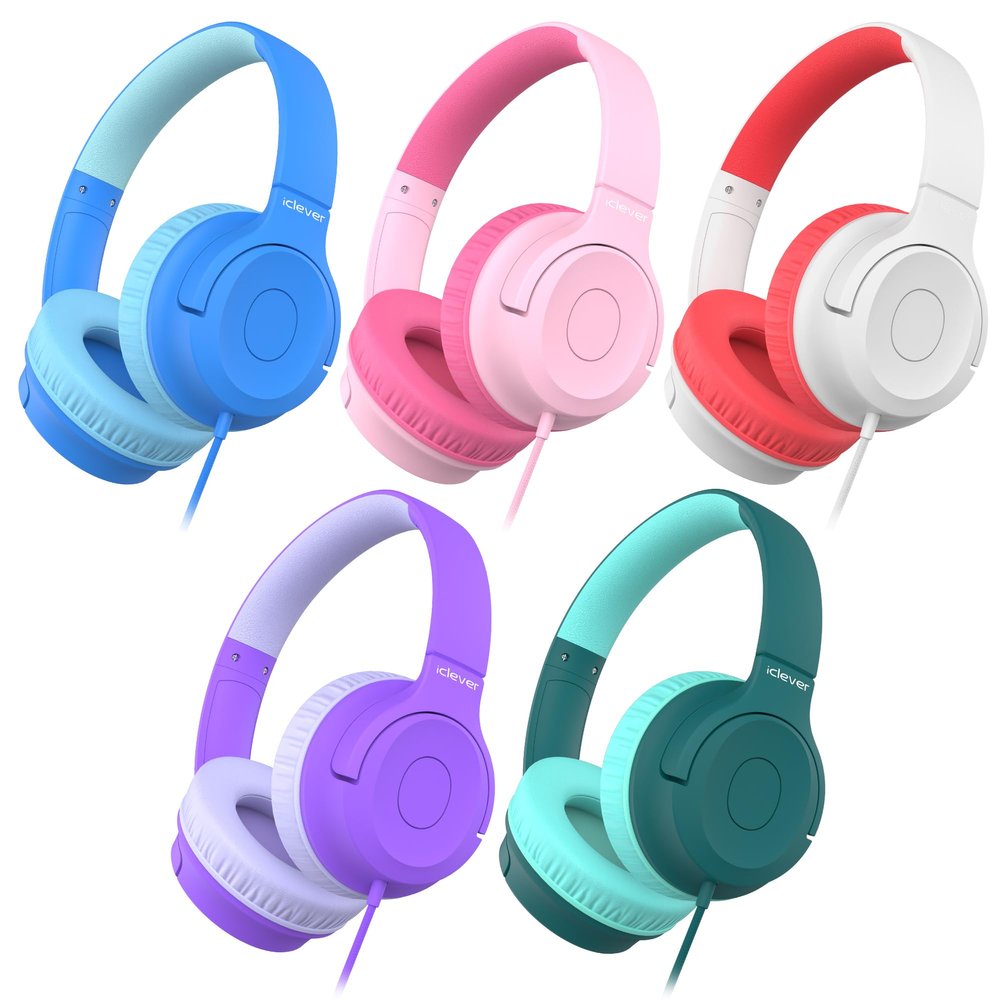 iClever Kids Headphones for School K-12, 85dBA Safe Volume, Tangle Free, 3.5mm Jack, HD Stereo, Swivel Foldable Kids Headphones with Cord for Classroom/Student/Tablets/Laptop, Bulk 5Pack
