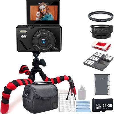 Acuvar 4K 64MP Digital Camera for Photography, Vlogging Camera for YouTube with 3.0 180 Flip Screen, 18X Digital Zoom (Deluxe Kit, Black)