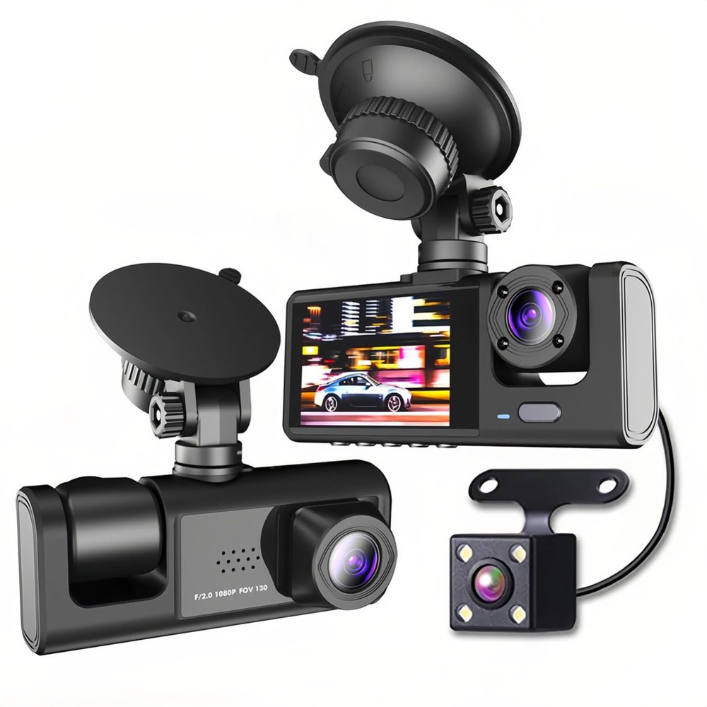 1080P High DefinitionCamera, Three Way, Large Wide Angle, Inside and Outside Car Recording with Picture in Picture, Easy Installation, Multinational Language Support