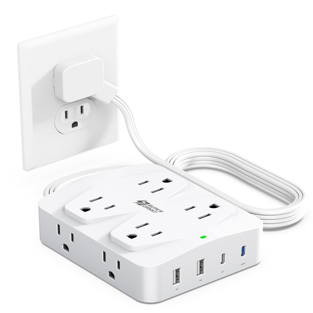 35W Fast Charging SUPERDANNY 4-Outlet 4-USB Power Strip with 20W C Port Fast Charge6FT Extension Cord, Surge Protector 1080J, Overload Switch, Mountable, for Home, Office, School, Dorm - White
