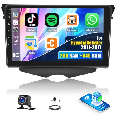 2+64G Android 13 Car Stereo for Hyundai Veloster 2011-2017 Upgrade Replacement Radio Carplay Android Auto 9 inch Touchscreen Multimedia Player Head Unit FM Radio GPS HiFi Bluetooth+AHD Camera&MIC