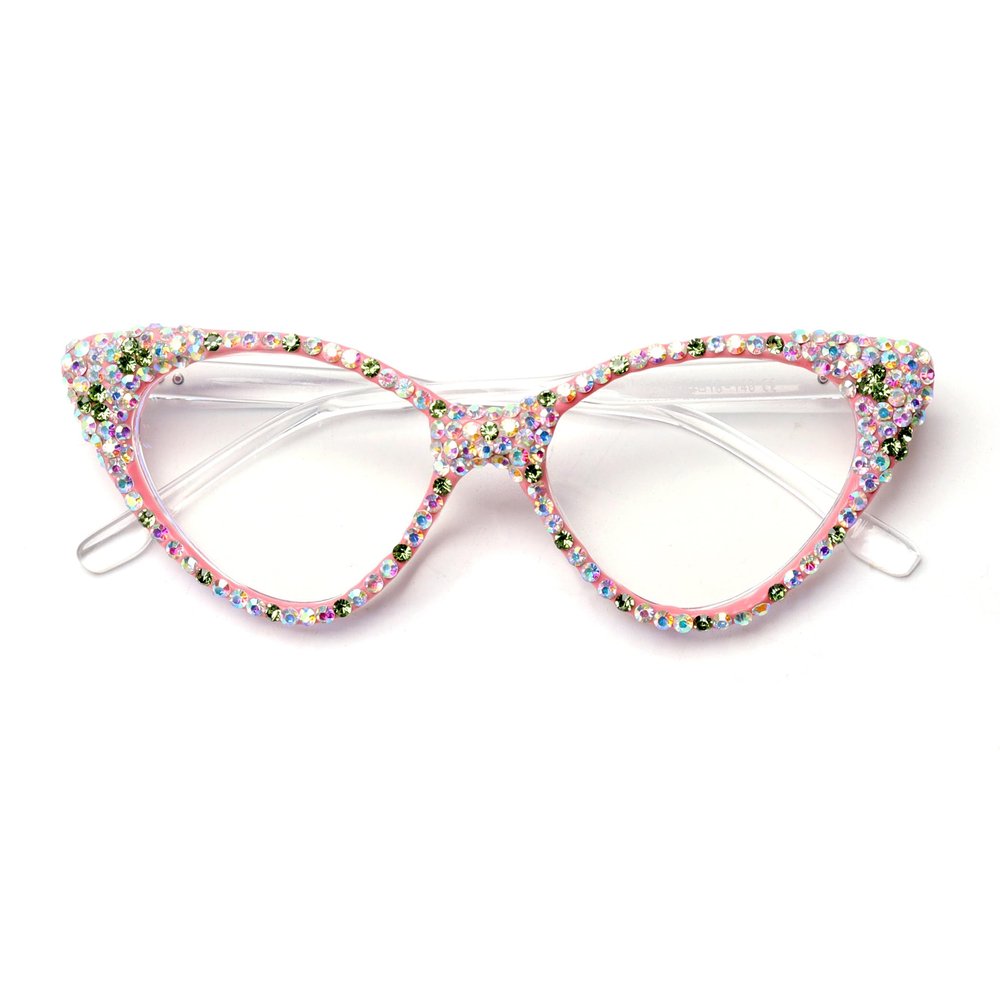 ICARA Bling Crystal Cat Eye Reading Glasses Rhinestone Blue Light Blocking Glasses for Women (ab grren, 2, x)