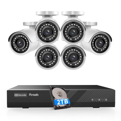 PANOOB NVR Security Camera System 5MP, 6pcs Outdoor Wired Bullet IP PoE Cameras w/Mic, AI Person Detection, 4K/8MP 8 Channel NVR with 2TB HDD, 110 Wide Angle, 100ft IR Night Vision, PB37F0608-5M