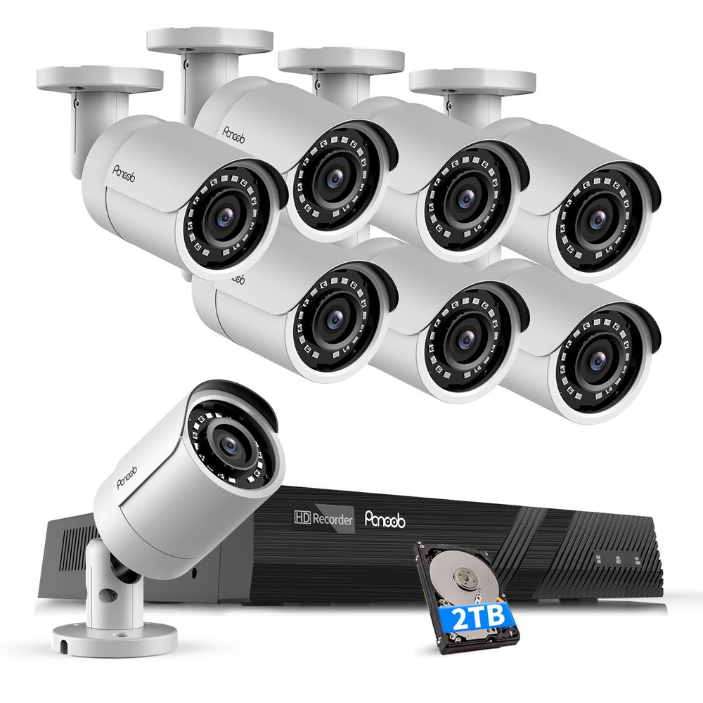 PANOOB PoE Security Camera System 4K, 8pcs 8MP Wired Bullet IP PoE Cameras Outdoor w/Mic, AI Person Detection, 4K/8MP 8 Channel NVR 2TB HDD, 110 Wide Angle, 100ft IR Night Vision, PB37F0808-8M