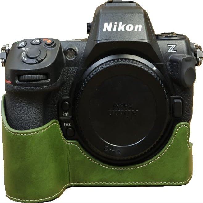 Z8 Case, BMAOLLONGB Handmade PU Leather Half Camera Case Bag Cover Bottom Opening Version for Nikon Z8 with Hand Strap (Green-A)