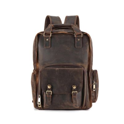 Craoopii Vintage Genuine Leather Camera Backpack Bag,Large Travel Hiking Camera Backpack DSLR Bag