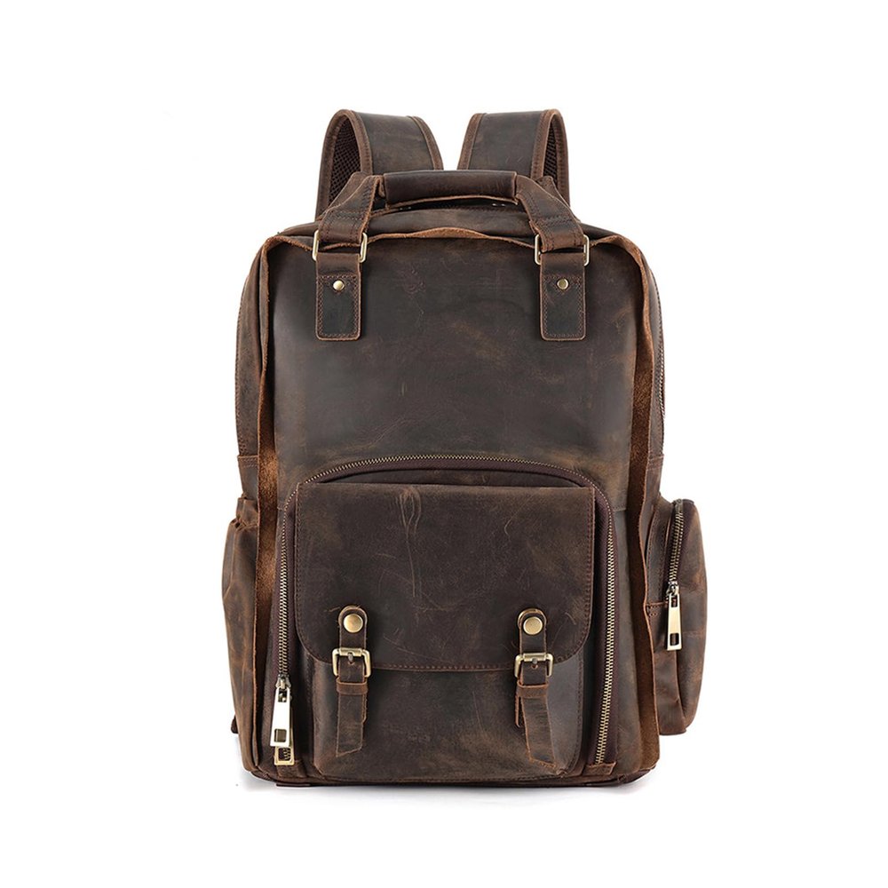 Craoopii Vintage Genuine Leather Camera Backpack Bag,Large Travel Hiking Camera Backpack DSLR Bag