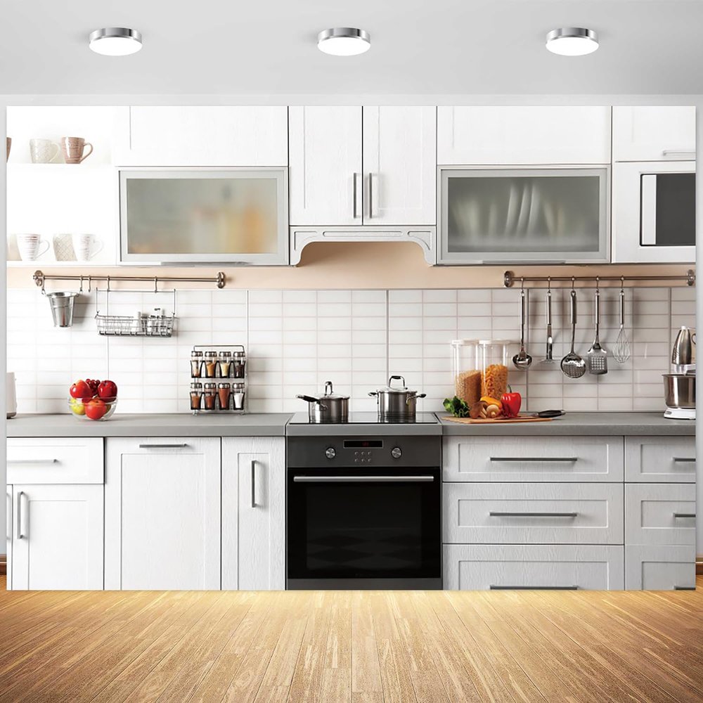 12x8ft Kitchen Backdrop Modern House White Kitchen Wall Photography Background Kids Cooking Party Birthday Banner Video Wallpaper Decorations Supplies Photo Booth Props