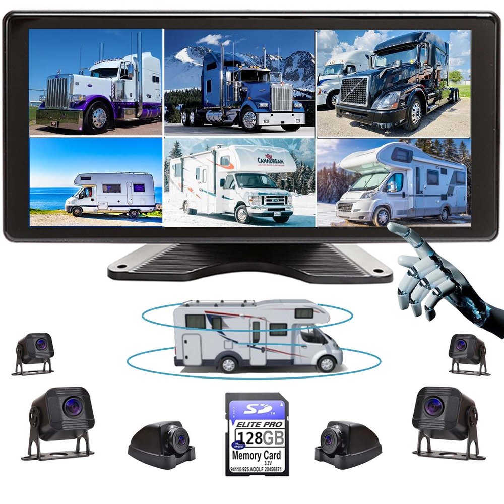 6 Split Touchable Screen 128GB Large Audio 1080P Image 10.36 Inch Monitor Backup Camera Built-in DVR Video for RV Truck Trailer Rear Side Front Reversing View Wired Waterproof System RV106