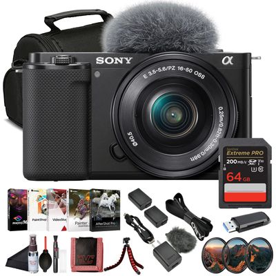 Sony ZV-E10 Vlogging Mirrorless Camera Kit with E PZ 1650mm Lens (ILCZV-E10L/B)| 24.2 MP APS-C Sensor | 4K Video with 64GB Memory Card, Filter Kit, External Charger, NPF-W50 Battery and More