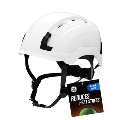 GE Safety Helmet, Impact Absorbing Tech, Adjustable Ratchet, ANSI Type 1, Memory Foam Padding, Hard Hats Protection, Lightweight, Durable, Chin Strap - White, Class C (Vented), OSHA Approved