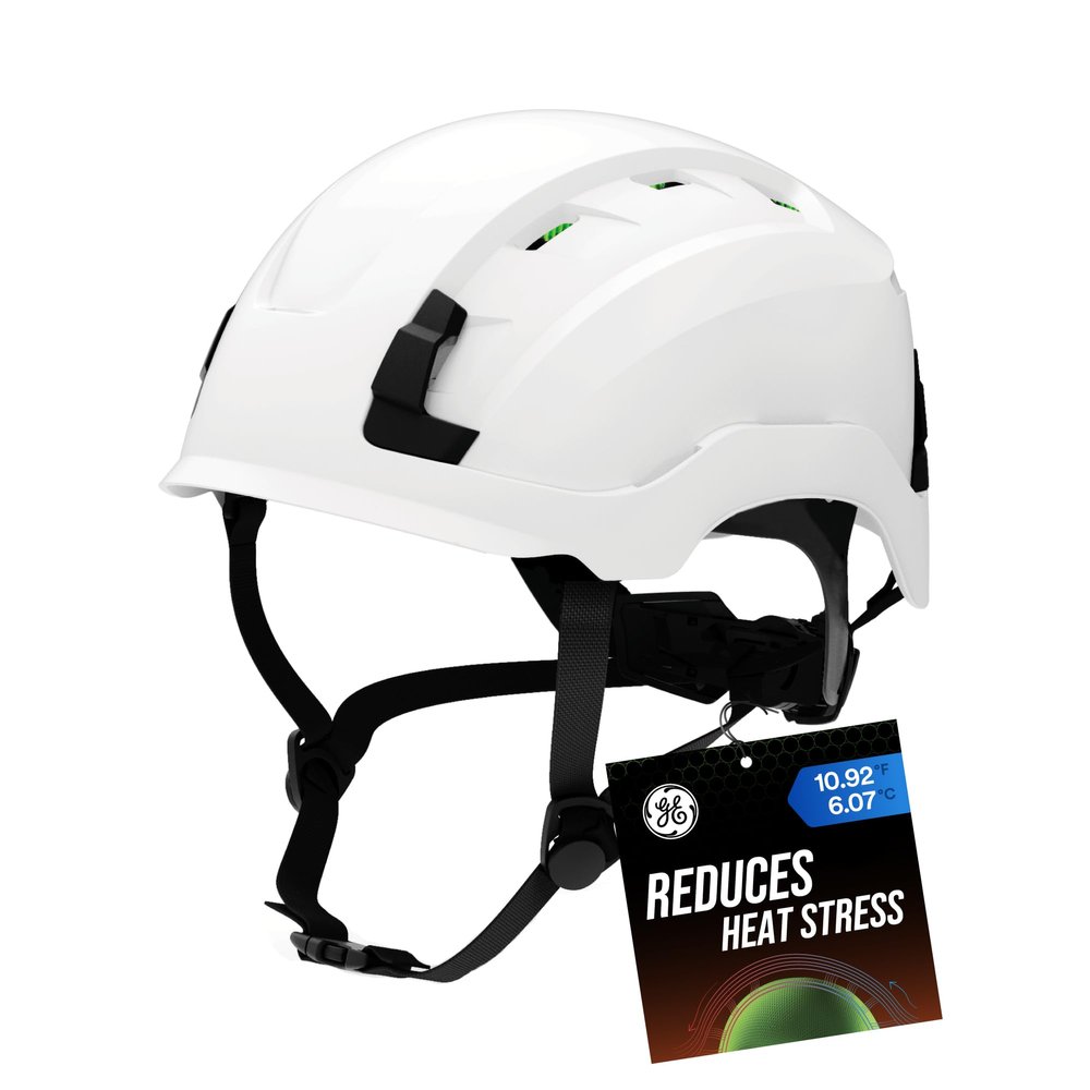 GE Safety Helmet, Impact Absorbing Tech, Adjustable Ratchet, ANSI Type 1, Memory Foam Padding, Hard Hats Protection, Lightweight, Durable, Chin Strap - White, Class C (Vented), OSHA Approved