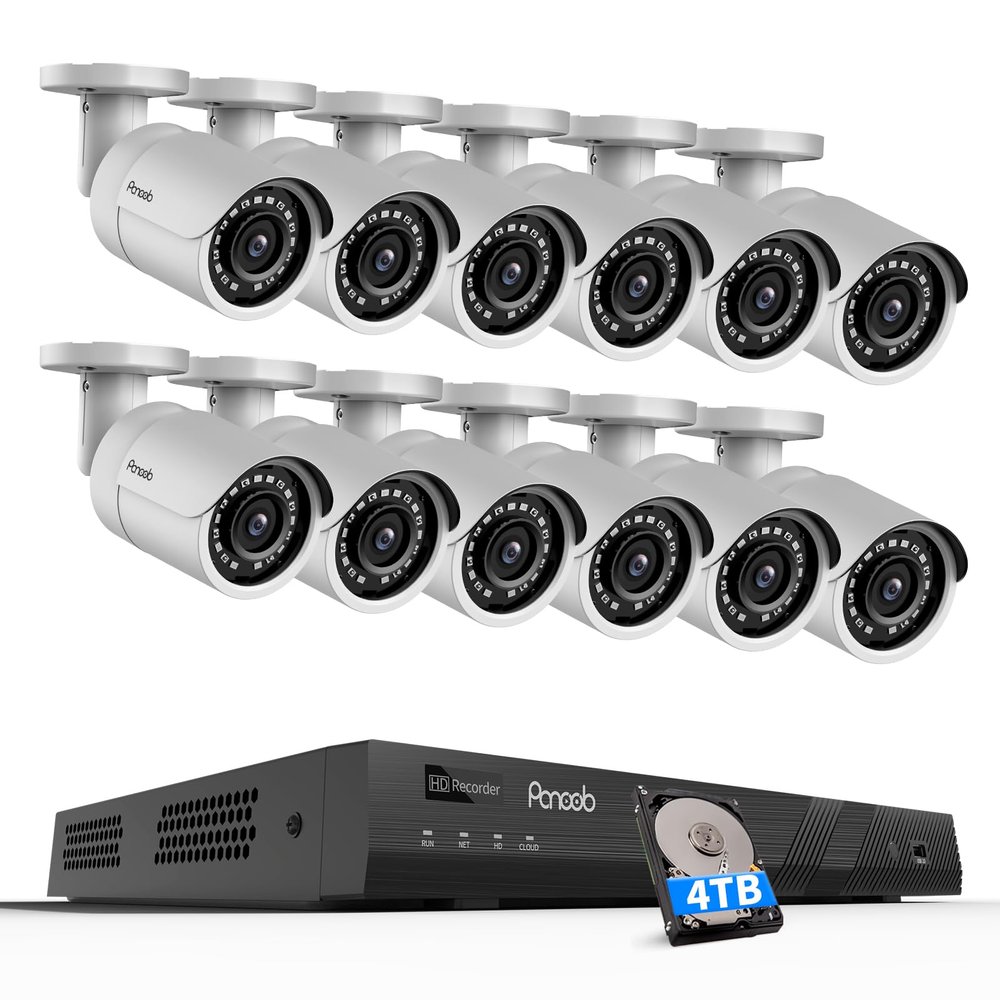 PANOOB 16 Channel Security Camera System, 4K 16CH PoE NVR 4TB HDD, 12PCS 8MP Wired Outdoor Home Surveillance IP PoE Cameras w/AI Human Vehicle Detection, Remote Playback Built-in Mic, PB37F1216-8M