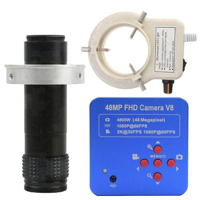 1080P 2K HDMI & USB Digital Industrial Microscope & 120X C-Mount Lens Whit 56-LED Adjustable Ring Light