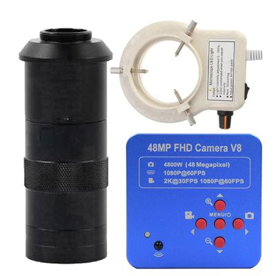1080P 2K HDMI & USB Digital Industrial Microscope & 100X C-Mount Lens Whit 56-LED Adjustable Ring Light