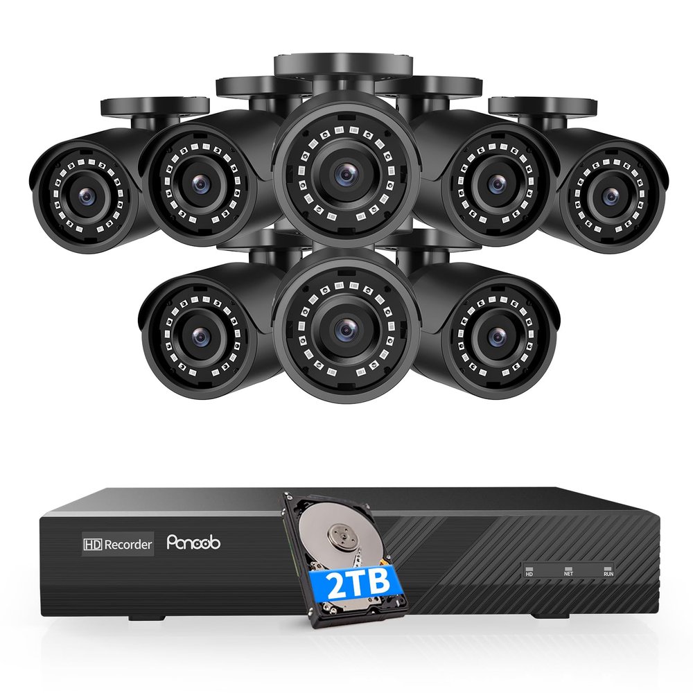 PANOOB 8 Channel Security Camera System, 8X 5MP Wired Outdoor Surveillance IP PoE Bullet Cameras with AI Human Detection, Remote Access, Built-in Mic/Audio, 4K 8CH PoE NVR 2TB HDD, PB37F30808-5M