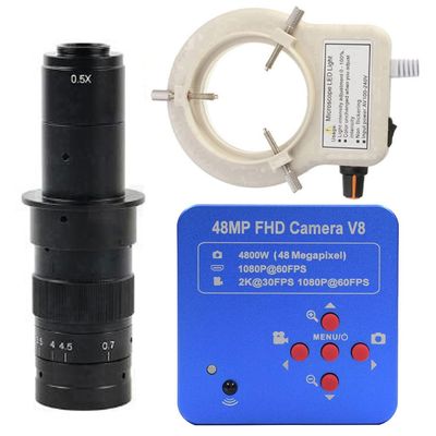1080P 2K HDMI & USB Digital Industrial Microscope & 180X C-Mount Lens Whit 56-LED Adjustable Ring Light