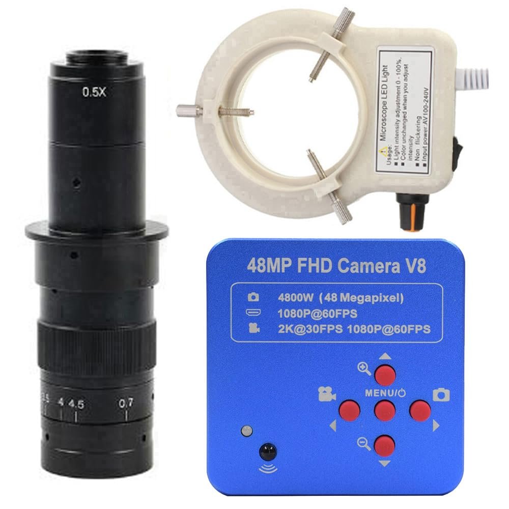 1080P 2K HDMI & USB Digital Industrial Microscope & 180X C-Mount Lens Whit 56-LED Adjustable Ring Light