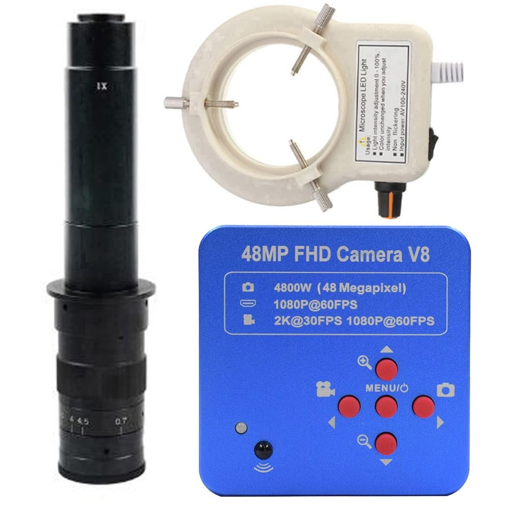 1080P 2K HDMI & USB Digital Industrial Microscope & 300X C-Mount Lens Whit 56-LED Adjustable Ring Light