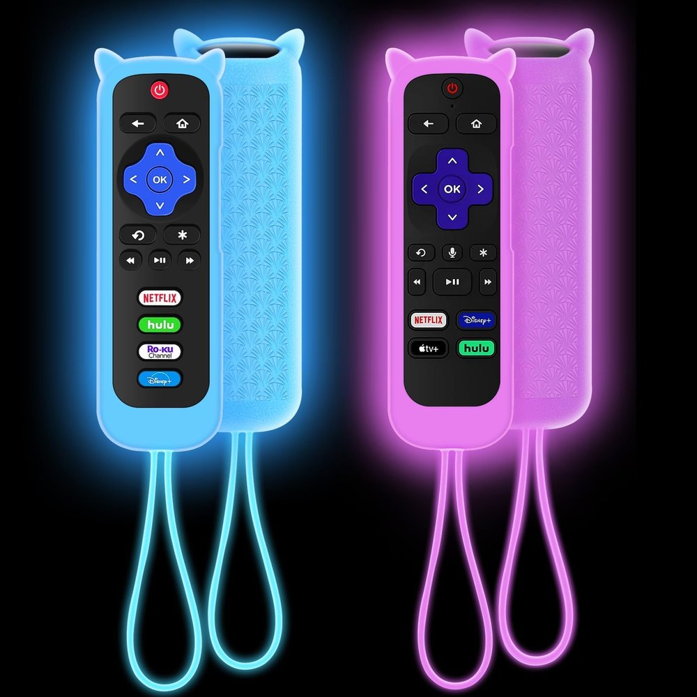 2 Pack Case for Roku Remote, Cover for Hisense/TCL Roku TV Steaming Stick/Express, Silicone Protective Controller Universal Replacement Sleeve Skin Glow in The Dark Purple Blue