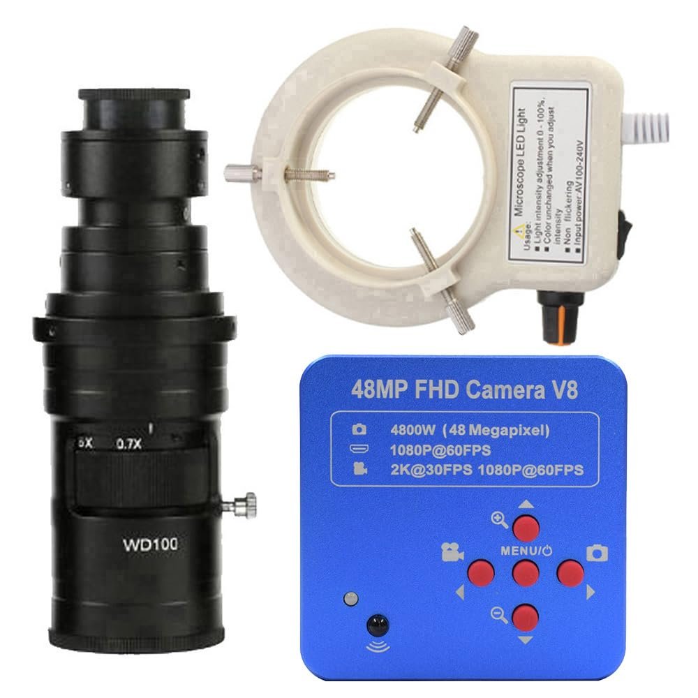 1080P 2K HDMI & USB Digital Industrial Microscope & 200X C-Mount Lens Whit 56-LED Adjustable Ring Light