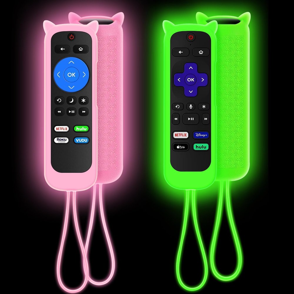 2 Pack Case for Roku Remote, Cover for Hisense/TCL Roku TV Steaming Stick/Express, Silicone Protective Controller Universal Replacement Sleeve Skin Glow in The Dark Pink Green
