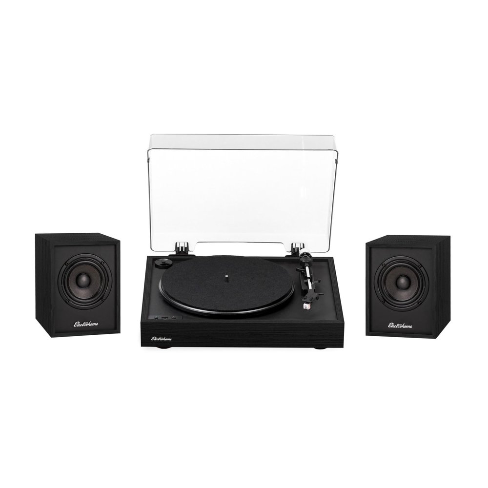 Electrohome Montrose Wireless Upgradable Vinyl Record Player, with Huntley, Powered Bluetooth Bookshelf Speakers, 3" Driver, for Natural Acoustics, Black