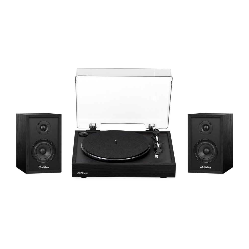 Electrohome Montrose, Upgradable Vinyl Record Player with Berkeley, Powered Bluetooth Bookshelf Speakers, 1" Tweeter & 3" Driver, for Warm Natural Sound, Black