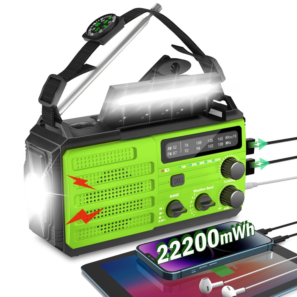 Emergency Radio with Solar & Hand Crank Radio 22200mWh (6000mAh) NOAA Emergency Weather Radio Alert, SOS Alarm, AM/FM, Hand Crank Flashlight, Compass for Tornado, Winter Storm, and Survival Kits