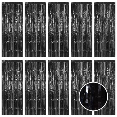 10 Pack Black Foil Curtain Backdrop 3.2ft x 9.8ft Metallic Tinsel Foil Fringe Curtains Streamer Photo Booth Backdrop for Birthday Party Engagement Bachelorette Party Decorations (Black)