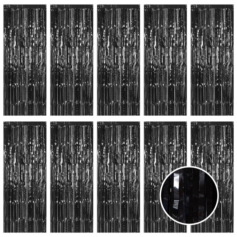 10 Pack Black Foil Curtain Backdrop 3.2ft x 9.8ft Metallic Tinsel Foil Fringe Curtains Streamer Photo Booth Backdrop for Birthday Party Engagement Bachelorette Party Decorations (Black)