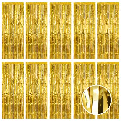 10 Pack Gold Foil Curtain Backdrop 3.2ft x 9.8ft Metallic Tinsel Foil Fringe Curtains Streamer Photo Booth Backdrop for Birthday Party Engagement Bachelorette Party Decorations (Gold)