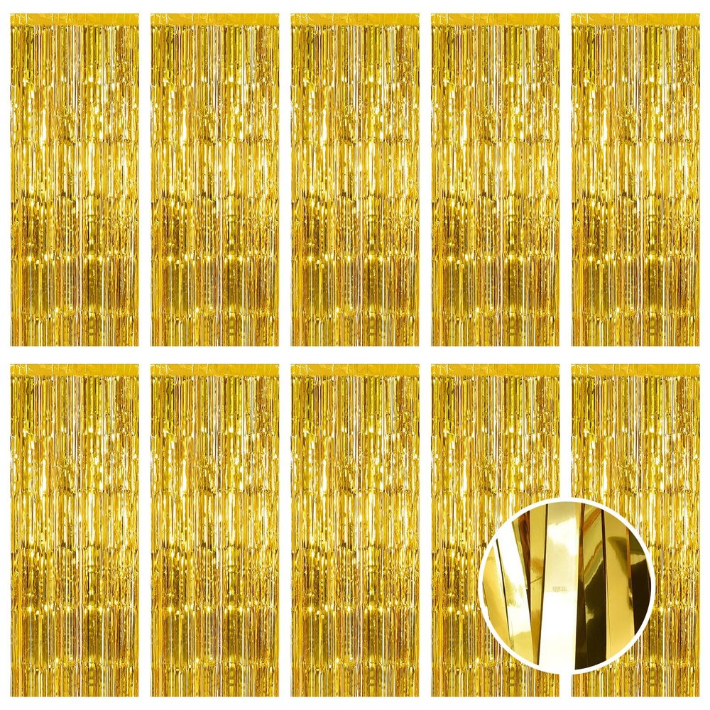 10 Pack Gold Foil Curtain Backdrop 3.2ft x 9.8ft Metallic Tinsel Foil Fringe Curtains Streamer Photo Booth Backdrop for Birthday Party Engagement Bachelorette Party Decorations (Gold)