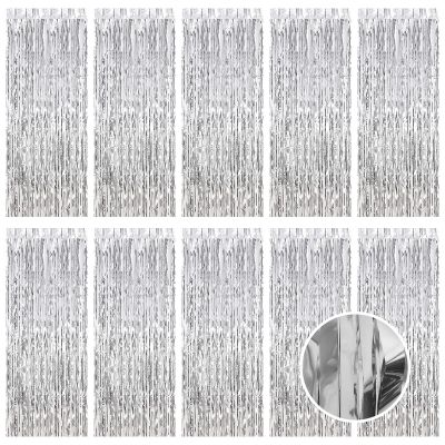 10 Pack Silver Foil Curtain Backdrop 3.2ft x 9.8ft Metallic Tinsel Foil Fringe Curtains Streamer Photo Booth Backdrop for Birthday Party Engagement Bachelorette Party Decorations (Silver)
