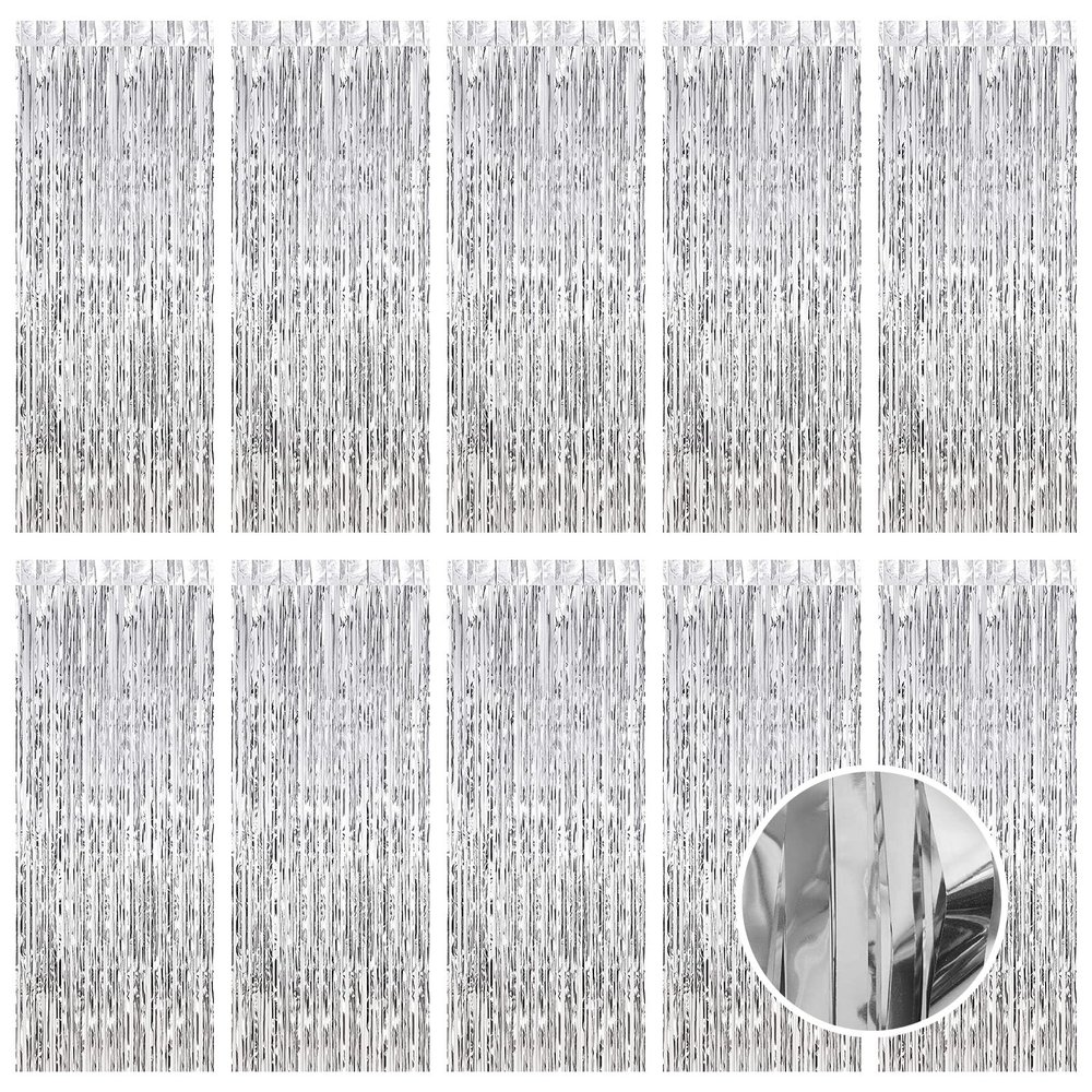 10 Pack Silver Foil Curtain Backdrop 3.2ft x 9.8ft Metallic Tinsel Foil Fringe Curtains Streamer Photo Booth Backdrop for Birthday Party Engagement Bachelorette Party Decorations (Silver)